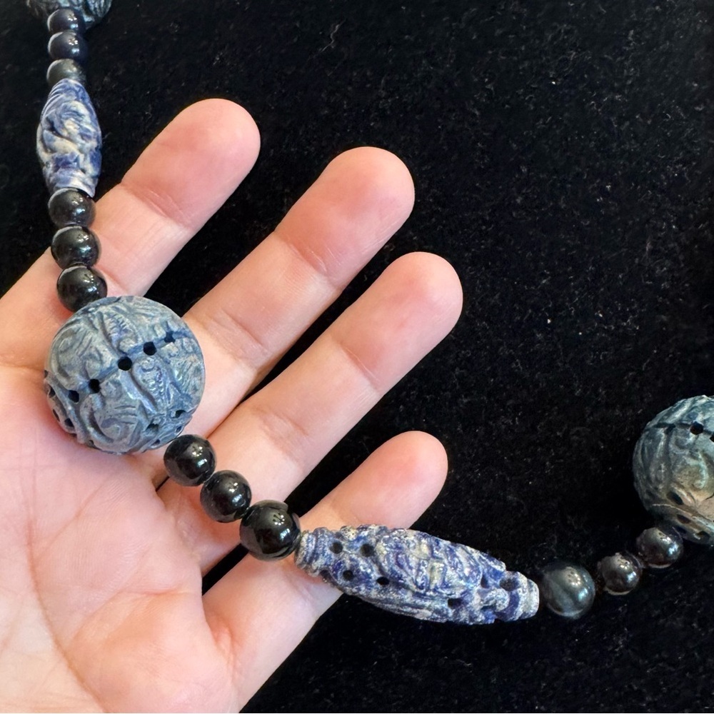 Vintage Chinese Shou Design Carved Lapis Lazuli Beaded Necklace 25" Long 135G